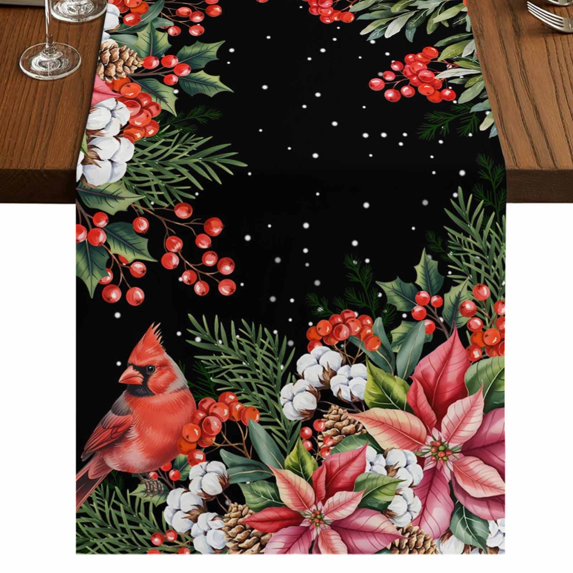 Table Runners 70 Inches Long Dress Scarves, Cardinal Bird Farmhouse Coffee/Dining/Kitchen Table Decor, Holiday Table Runner, Winter Poinsettia Pine Cones Berry Black 13x70 Inch