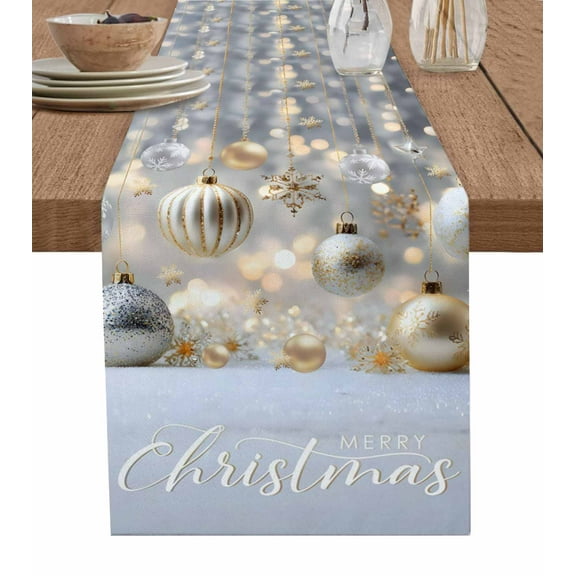 Table Runners 70 Inches Long Dress Scarves, Christmas Balls Farmhouse Coffee/Dining/Kitchen Table Decor, Holiday Table Runner, Sliver Golden Xmas Decoration Snowflake 13x70 Inch