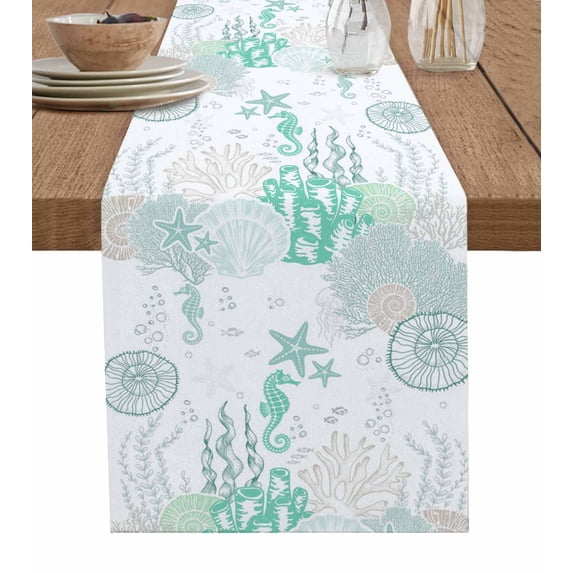 Table Runners 70 Inches Long Dress Scarves, Coastal Turquoise Farmhouse Coffee/Dining/Kitchen Table Decor, Holiday Table Runner, Coral Starfish Jellyfish Seahorse 13x70 Inch