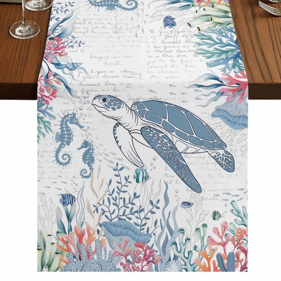 Table Runners 70 Inches Long Dress Scarves, Coastal Turtle Farmhouse Coffee/Dining/Kitchen Table Decor, Holiday Table Runner, Summer Beach Nautical Ocean Coral Seahorse 13x70 Inch