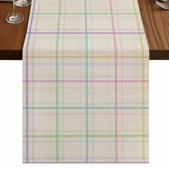 Table Runners 70 Inches Long Dress Scarves, Colorful Geometric Plaid Farmhouse Coffee/Dining/Kitchen Table Decor, Holiday Table Runner, Simple Vintage Grid Beige 13x70 Inch