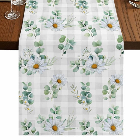 Table Runners 70 Inches Long Dress Scarves, Daisy Farmhouse Coffee/Dining/Kitchen Table Decor, Holiday Table Runner, Spring Eucalyptus Leaves Flowers Botanical Gray Plaid 13x70 Inch