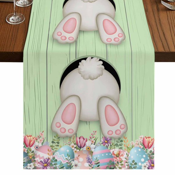 Table Runners 70 Inches Long Dress Scarves, Easter Bunny Farmhouse Coffee/Dining/Kitchen Table Decor, Holiday Table Runner, Colorful Eggs Cute Rabbit Green Country Wooden 13x70 Inch