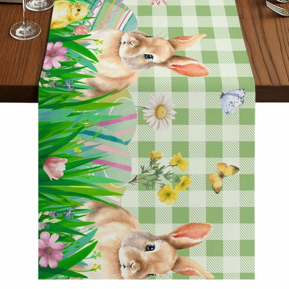 Table Runners 70 Inches Long Dress Scarves, Easter Bunny Farmhouse Coffee/Dining/Kitchen Table Decor, Holiday Table Runner, Spring Easter Eggs Chicken Sage Green Plaid 13x70 Inch
