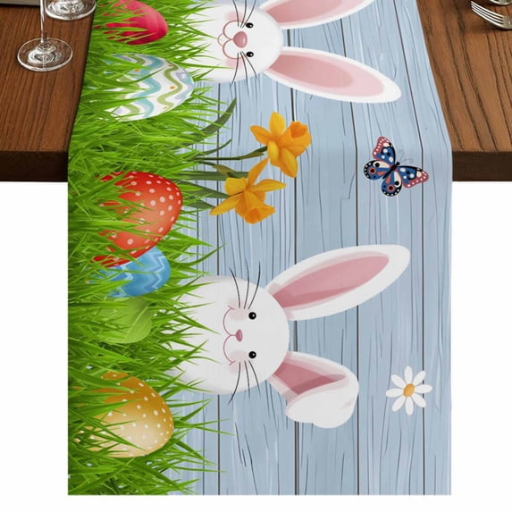 Table Runners 70 Inches Long Dress Scarves, Easter Bunny Farmhouse Coffee/Dining/Kitchen Table Decor, Holiday Table Runner, Spring Easter Eggs Floral Blue Woodn 13x70 Inch