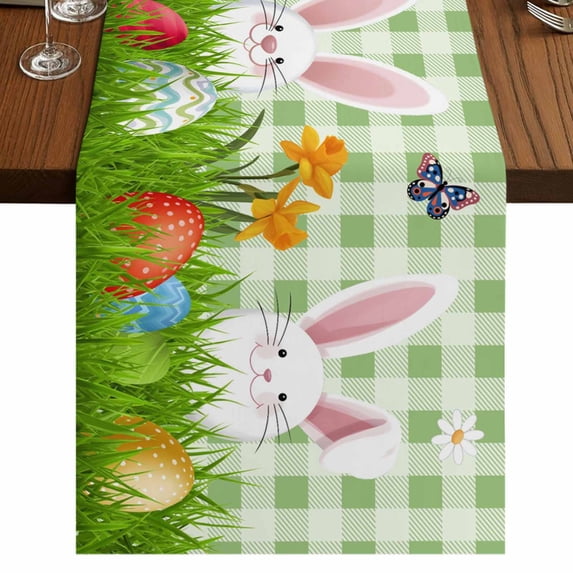 Table Runners 70 Inches Long Dress Scarves, Easter Bunny Farmhouse Coffee/Dining/Kitchen Table Decor, Holiday Table Runner, Spring Easter Eggs Floral Sage Green Plaid 13x70 Inch