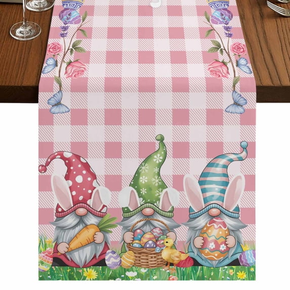 Table Runners 70 Inches Long Dress Scarves, Easter Bunny Gnomes Farmhouse Coffee/Dining/Kitchen Table Decor, Holiday Table Runner, Spring Easter Eggs Floral Pink Plaid 13x70 Inch