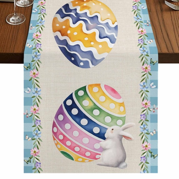 Table Runners 70 Inches Long Dress Scarves, Easter Farmhouse Coffee/Dining/Kitchen Table Decor, Holiday Table Runner, Colorful Eggs Rabbit Flowers Leaves Blue Plaid 13x70 Inch