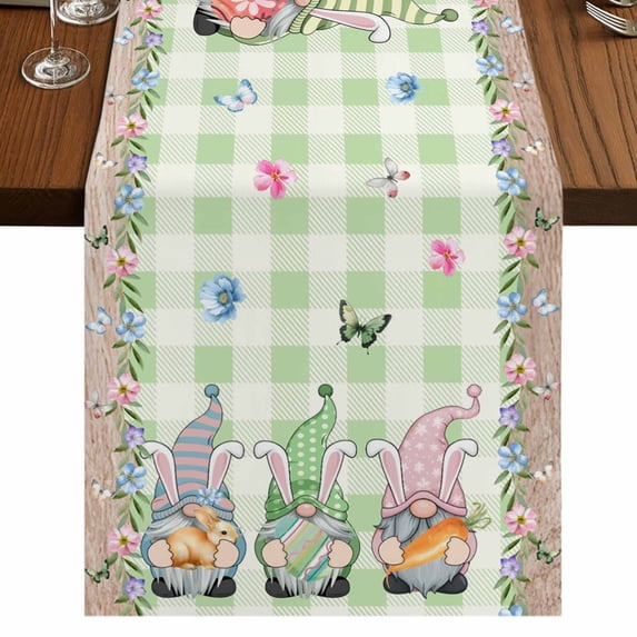 Table Runners 70 Inches Long Dress Scarves, Easter Farmhouse Coffee/Dining/Kitchen Table Decor, Holiday Table Runner, Spring Pastoral Gnomes Bunny Eggs Green Lattice 13x70 Inch