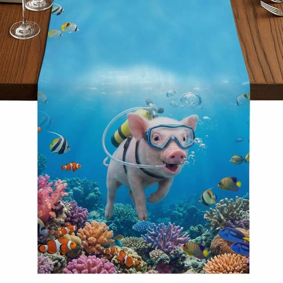 Table Runners 70 Inches Long Dress Scarves, Funny Diving Pig Farmhouse Coffee/Dining/Kitchen Table Decor, Holiday Table Runner, Ocean Sea Coastal Coral Fish Marine Life 13x70 Inch