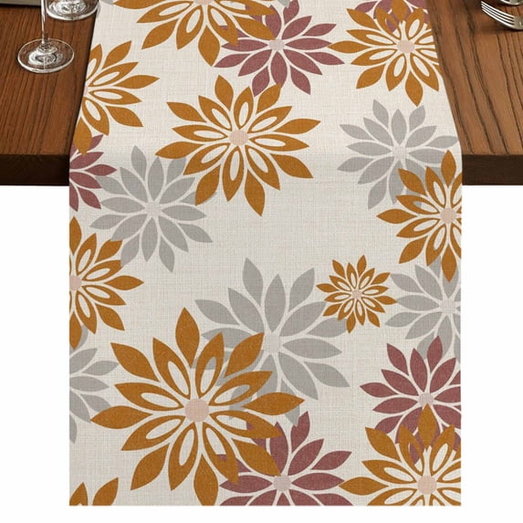 Table Runners 70 Inches Long Dress Scarves, Geometric Flower Farmhouse Coffee/Dining/Kitchen Table Decor, Holiday Table Runner, Vintage Country Floral Orange Grey on Linen 13x70 Inch