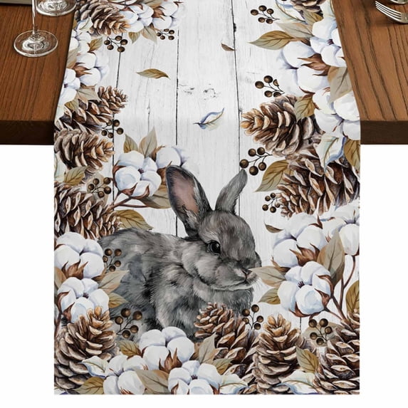 Table Runners 70 Inches Long Dress Scarves, Grey Rabbits Farmhouse Coffee/Dining/Kitchen Table Decor, Holiday Table Runner, Pine Cones Brown Plants Farmhouse Wooden 13x70 Inch