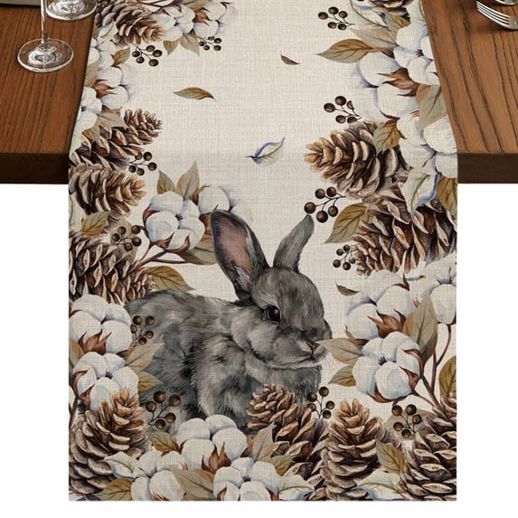 Table Runners 70 Inches Long Dress Scarves, Grey Rabbits Farmhouse Coffee/Dining/Kitchen Table Decor, Holiday Table Runner, Pine Cones Brown Plants Rustic Leaves Vintage 13x70 Inch