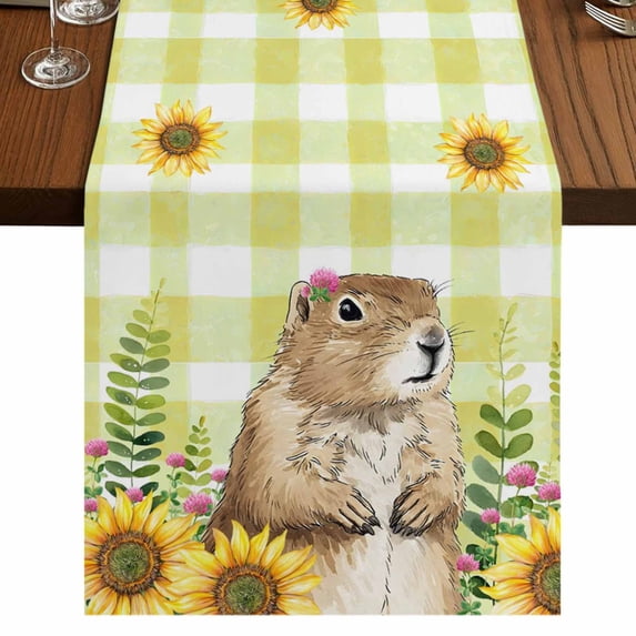 Table Runners 70 Inches Long Dress Scarves, Groundhog Day Farmhouse Coffee/Dining/Kitchen Table Decor, Holiday Table Runner, Yellow Plaid Sunflower Spring Floral 13x70 Inch