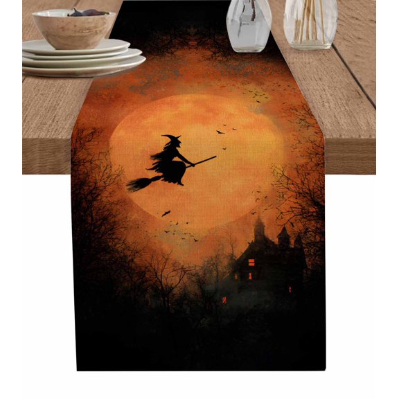 Table Runners 70 Inches Long Dress Scarves, Halloween Orange Farmhouse Coffee/Dining/Kitchen Table Decor, Holiday Table Runner, Witch Castle Moon Tree Bat Horror 13x70 Inch