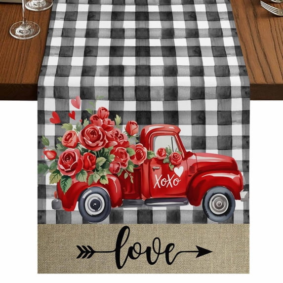 Table Runners 70 Inches Long Dress Scarves, Happ Valentine's Day Farmhouse Coffee/Dining/Kitchen Table Decor, Holiday Table Runner, Red Roses Love Car Romantic Checked 13x70 Inch