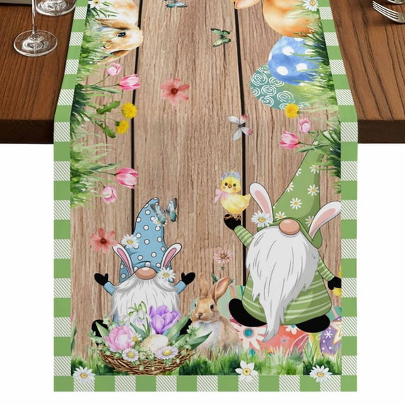 Table Runners 70 Inches Long Dress Scarves, Happy Easter Farmhouse Coffee/Dining/Kitchen Table Decor, Holiday Table Runner, Gnomes Rabbit Flowers Green Check Wooden 13x70 Inch