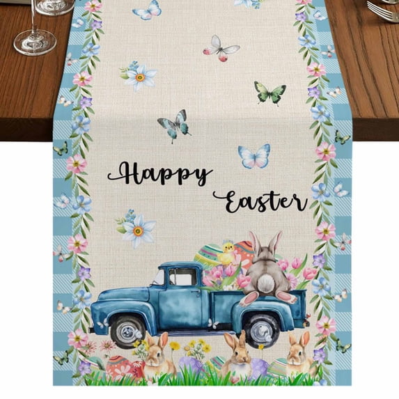 Table Runners 70 Inches Long Dress Scarves, Happy Easter Farmhouse Coffee/Dining/Kitchen Table Decor, Holiday Table Runner, Spring Truck Bunny Butterfly Blue Plaid 13x70 Inch