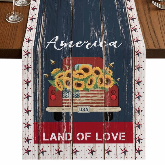 Table Runners 70 Inches Long Dress Scarves, Independence Day Farmhouse Coffee/Dining/Kitchen Table Decor, Holiday Table Runner, Country Retro Truck Sunflowers Star Wood 13x70 Inch