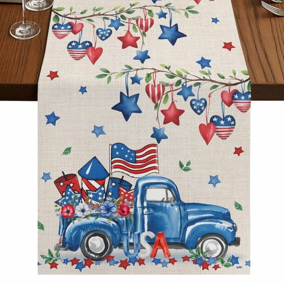 Table Runners 70 Inches Long Dress Scarves, Independence Day Farmhouse Coffee/Dining/Kitchen Table Decor, Holiday Table Runner, Farmhouse American Flag Truck Star Burlap 13x70 Inch