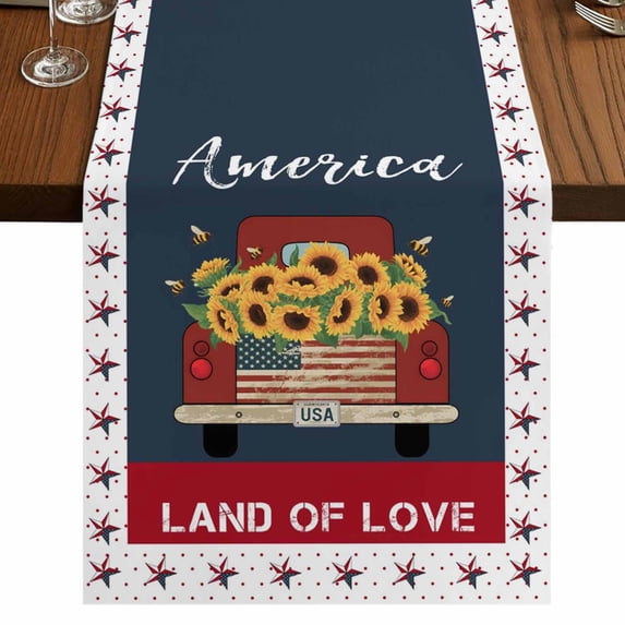 Table Runners 70 Inches Long Dress Scarves, Independence Day Farmhouse Coffee/Dining/Kitchen Table Decor, Holiday Table Runner, Red Truck USA Flag Star Sunflowers 13x70 Inch