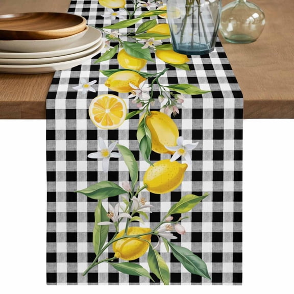 Table Runners 70 Inches Long Dress Scarves, Lemon Farmhouse Coffee/Dining/Kitchen Table Decor, Holiday Table Runner, Farmhouse Summer Botanical Fruit Black White Plaid 13x70 Inch