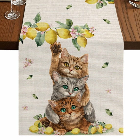 Table Runners 70 Inches Long Dress Scarves, Lemons Cats Farmhouse Coffee/Dining/Kitchen Table Decor, Holiday Table Runner, Summer Rustic Botanical Fruits Burlap 13x70 Inch