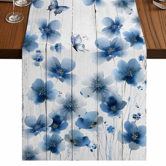 Table Runners 70 Inches Long Dress Scarves, Navy Blue Floral Farmhouse Coffee/Dining/Kitchen Table Decor, Holiday Table Runner, Spring Flowers Butterflies Wooden 13x70 Inch