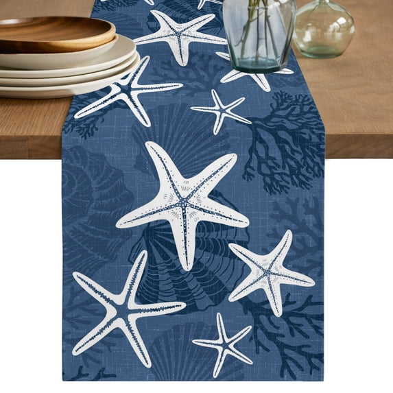 Table Runners 70 Inches Long Dress Scarves, Navy Blue Starfish Farmhouse Coffee/Dining/Kitchen Table Decor, Holiday Table Runner, Coral Shell Ocean Vintage Coastal 13x70 Inch