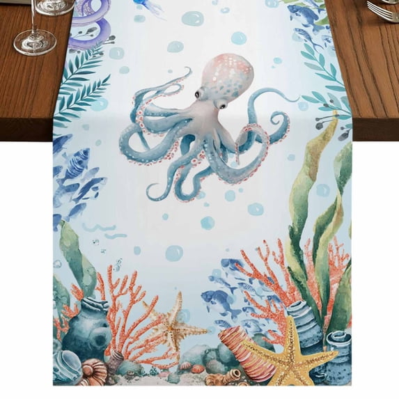 Table Runners 70 Inches Long Dress Scarves, Octopus Coastal Farmhouse Coffee/Dining/Kitchen Table Decor, Holiday Table Runner, Summer Nautical Starfish Coral Ocean 13x70 Inch