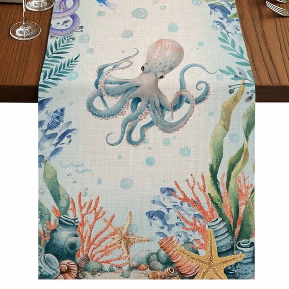 Table Runners 70 Inches Long Dress Scarves, Octopus Coastal Farmhouse Coffee/Dining/Kitchen Table Decor, Holiday Table Runner, Summer Nautical Starfish Coral Beige 13x70 Inch