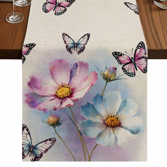 Table Runners 70 Inches Long Dress Scarves, Pink Blue Floral Farmhouse Coffee/Dining/Kitchen Table Decor, Holiday Table Runner, Butterflies Retro Oil Painting 13x70 Inch