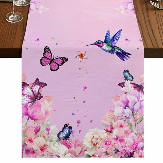 Table Runners 70 Inches Long Dress Scarves, Pink Flower Farmhouse Coffee/Dining/Kitchen Table Decor, Holiday Table Runner, Spring Floral Butterfly Elegant Pastoral Birds 13x70 Inch