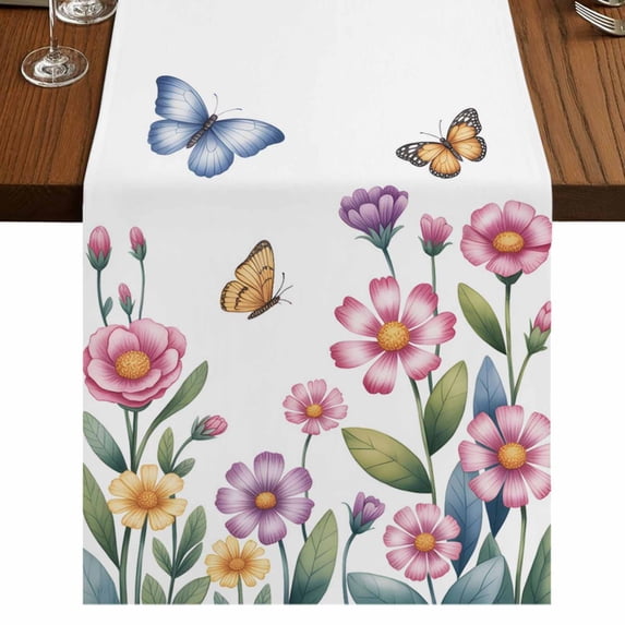 Table Runners 70 Inches Long Dress Scarves, Pink Flowers Farmhouse Coffee/Dining/Kitchen Table Decor, Holiday Table Runner, Spring Floral Butterfly Leaves Plants Pastoral 13x70 Inch