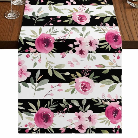 Table Runners 70 Inches Long Dress Scarves, Pink Roses Farmhouse Coffee/Dining/Kitchen Table Decor, Holiday Table Runner, Romantic Flowers Leaves Floral Black Stripes 13x70 Inch