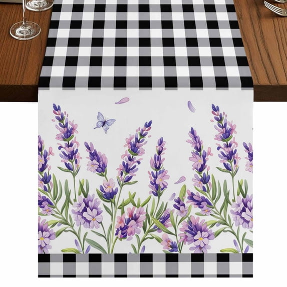 Table Runners 70 Inches Long Dress Scarves, Purple Lavenders Farmhouse Coffee/Dining/Kitchen Table Decor, Holiday Table Runner, Spring Floral Black Plaid Farmhouse 13x70 Inch