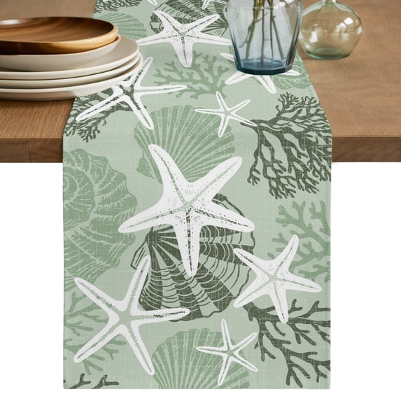 Table Runners 70 Inches Long Dress Scarves, Sage Green Starfish Farmhouse Coffee/Dining/Kitchen Table Decor, Holiday Table Runner, Coral Shell Ocean Vintage Coastal 13x70 Inch