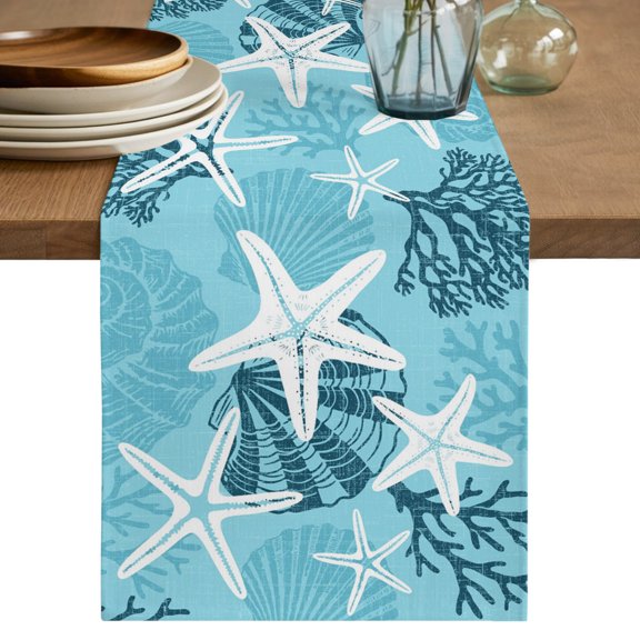 Table Runners 70 Inches Long Dress Scarves, Slate Blue Starfish Farmhouse Coffee/Dining/Kitchen Table Decor, Holiday Table Runner, Coral Shell Ocean Vintage Coastal 13x70 Inch