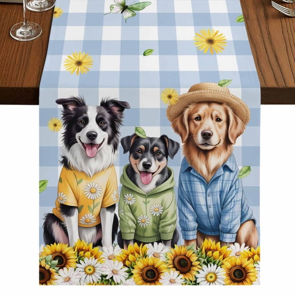 Table Runners 70 Inches Long Dress Scarves, Spring Dog Farmhouse Coffee/Dining/Kitchen Table Decor, Holiday Table Runner, Sunflower Daisy Botanical Blue Plaid 13x70 Inch