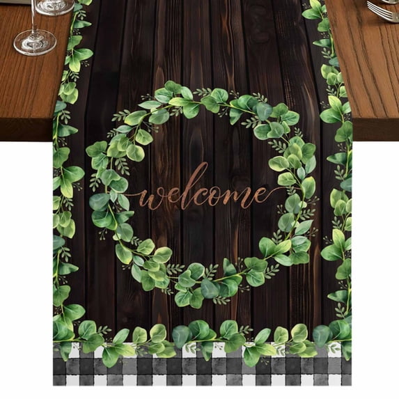 Table Runners 70 Inches Long Dress Scarves, Spring Eucalyptus Leaves Farmhouse Coffee/Dining/Kitchen Table Decor, Holiday Table Runner, Farmhouse Botanical Brown Wood 13x70 Inch
