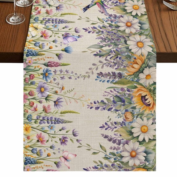 Table Runners 70 Inches Long Dress Scarves, Spring Floral Farmhouse Coffee/Dining/Kitchen Table Decor, Holiday Table Runner, Daisy Sunflowers Wisteria Hummingbird Beige 13x70 Inch