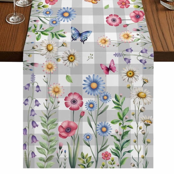 Table Runners 70 Inches Long Dress Scarves, Spring Floral Farmhouse Coffee/Dining/Kitchen Table Decor, Holiday Table Runner, Grey Plaid Pink Blue Flowers Butterfly 13x70 Inch