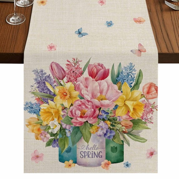 Table Runners 70 Inches Long Dress Scarves, Spring Floral Farmhouse Coffee/Dining/Kitchen Table Decor, Holiday Table Runner, Watercolor Lavender Daisy Butterflies Linen 13x70 Inch