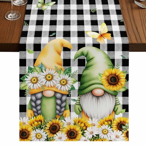 Table Runners 70 Inches Long Dress Scarves, Spring Gnomes Farmhouse Coffee/Dining/Kitchen Table Decor, Holiday Table Runner, Botanical Budding Sunflowers Buffalo Plaid 13x70 Inch