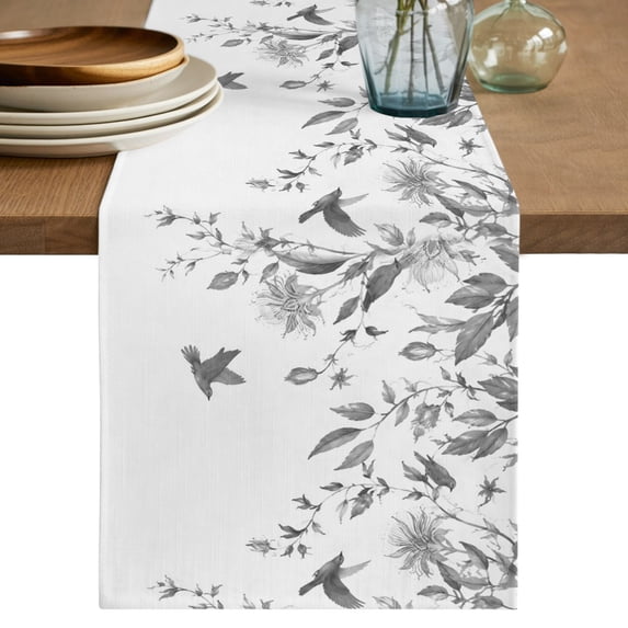 Table Runners 70 Inches Long Dress Scarves, Spring Leaves Farmhouse Coffee/Dining/Kitchen Table Decor, Holiday Table Runner, Grey Botanical Leaf Vines Birds Branches 13x70 Inch