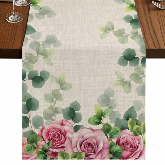 Table Runners 70 Inches Long Dress Scarves, Spring Pink Roses Farmhouse Coffee/Dining/Kitchen Table Decor, Holiday Table Runner, Pastoral Eucalyptus Leaves Rustic Burlap 13x70 Inch