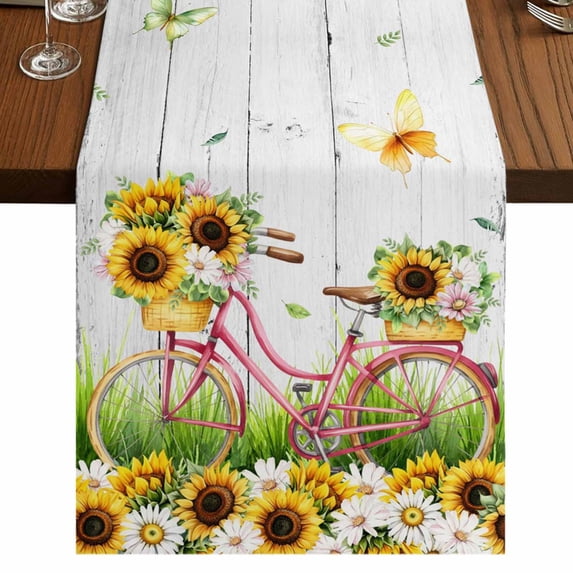 Table Runners 70 Inches Long Dress Scarves, Spring Sunflowers Farmhouse Coffee/Dining/Kitchen Table Decor, Holiday Table Runner, Country Bicycles Yellow Flowers Wooden 13x70 Inch