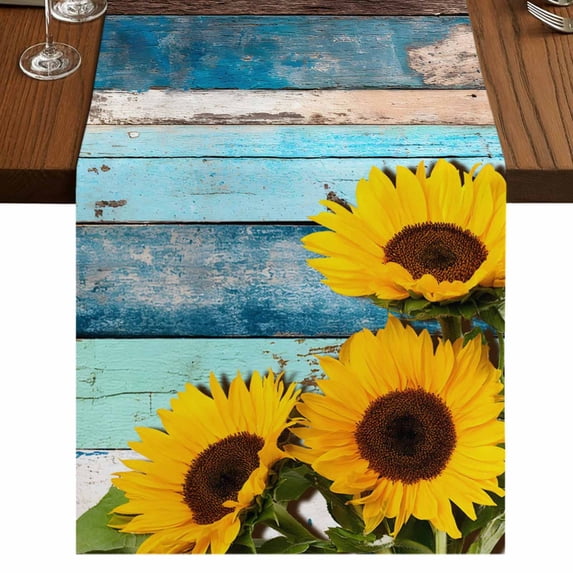 Table Runners 70 Inches Long Dress Scarves, Spring Sunflowers Farmhouse Coffee/Dining/Kitchen Table Decor, Holiday Table Runner, Yellow Floral Turquoise Farmhouse Wood Grain 13x70 Inch