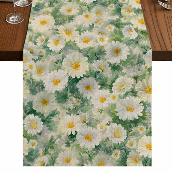 Table Runners 70 Inches Long Dress Scarves, Spring White Daisy Farmhouse Coffee/Dining/Kitchen Table Decor, Holiday Table Runner, Flowers Green Leaves Retro Botanical 13x70 Inch