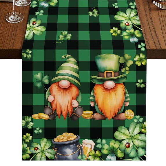 Table Runners 70 Inches Long Dress Scarves, St. Patrick's Day Farmhouse Coffee/Dining/Kitchen Table Decor, Holiday Table Runner, Cute Gnomes Lucky Shamrocks Green Black Plaid 13x70 Inch